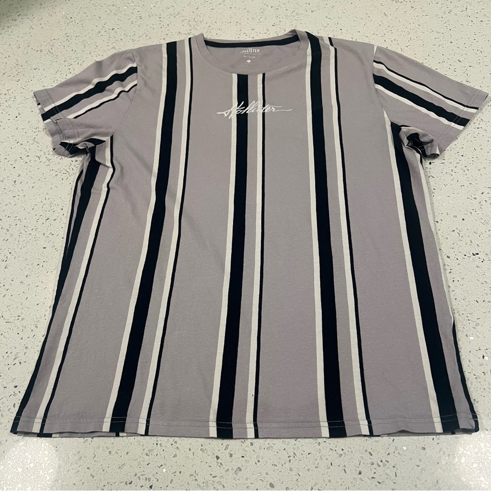 Vintage HOLLISTER Gray White & Black Striped T-Shirt Tee Embroidered Logo | LRG